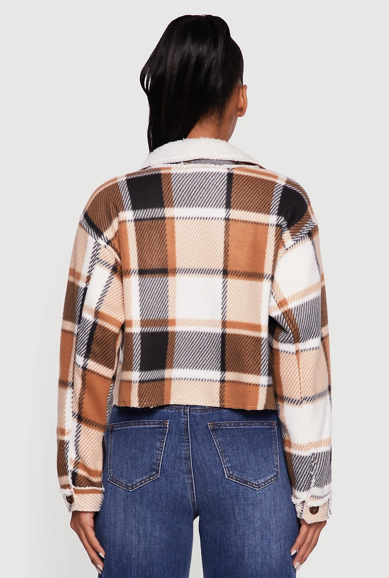 Womens Cozy Sherpa Lined Plaid Shacket,