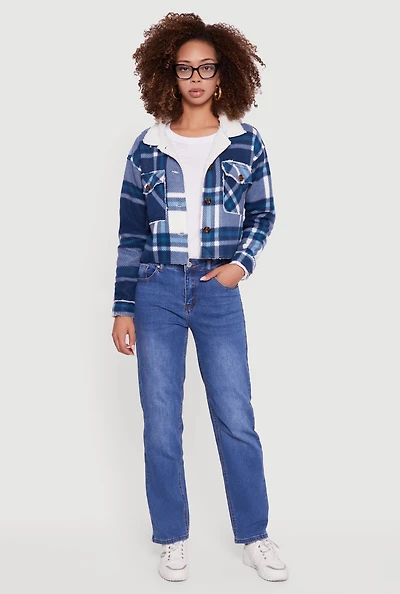 Womens Cozy Sherpa Lined Plaid Shacket,