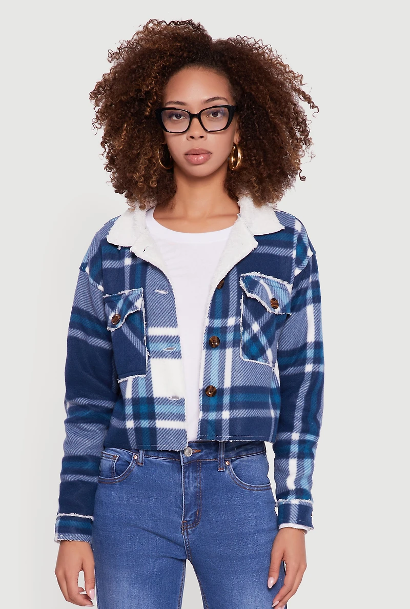 Womens Cozy Sherpa Lined Plaid Shacket,