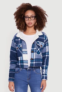 Womens Cozy Sherpa Lined Plaid Shacket,