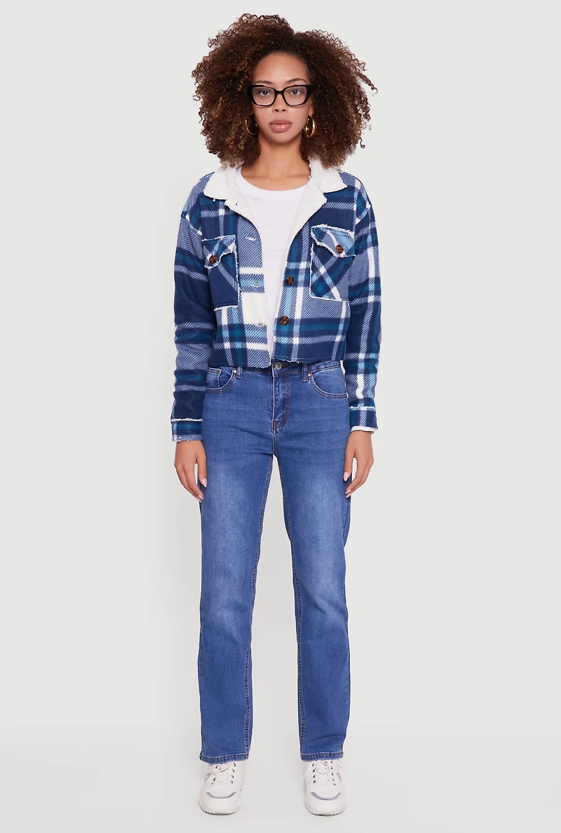 Womens Cozy Sherpa Lined Plaid Shacket,