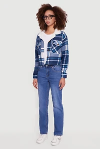 Womens Cozy Sherpa Lined Plaid Shacket, Blue,