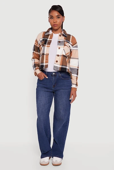 Womens Collared Sherpa Lined Plaid Shacket, Brown, Size M