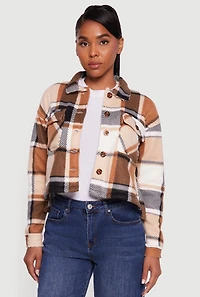Womens Collared Sherpa Lined Plaid Shacket, Brown, Size M