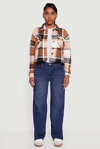 Womens Collared Sherpa Lined Plaid Shacket, Brown, Size M