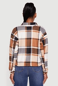 Womens Collared Sherpa Lined Plaid Shacket, Brown, Size M
