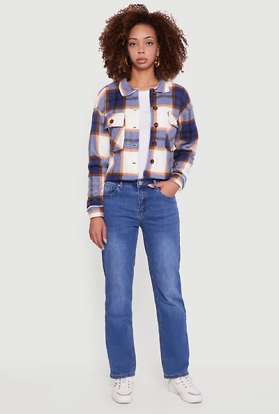 Womens Collared Sherpa Lined Plaid Shacket,
