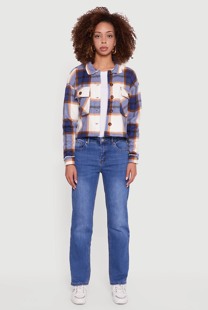 Womens Collared Sherpa Lined Plaid Shacket,