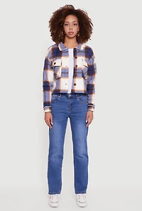 Womens Collared Sherpa Lined Plaid Shacket,