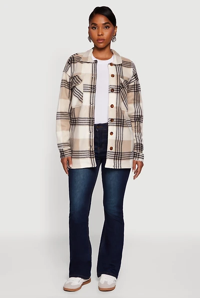 Womens Plaid Sherpa Lined Fleece Long Sleeve Button Front Jacket,