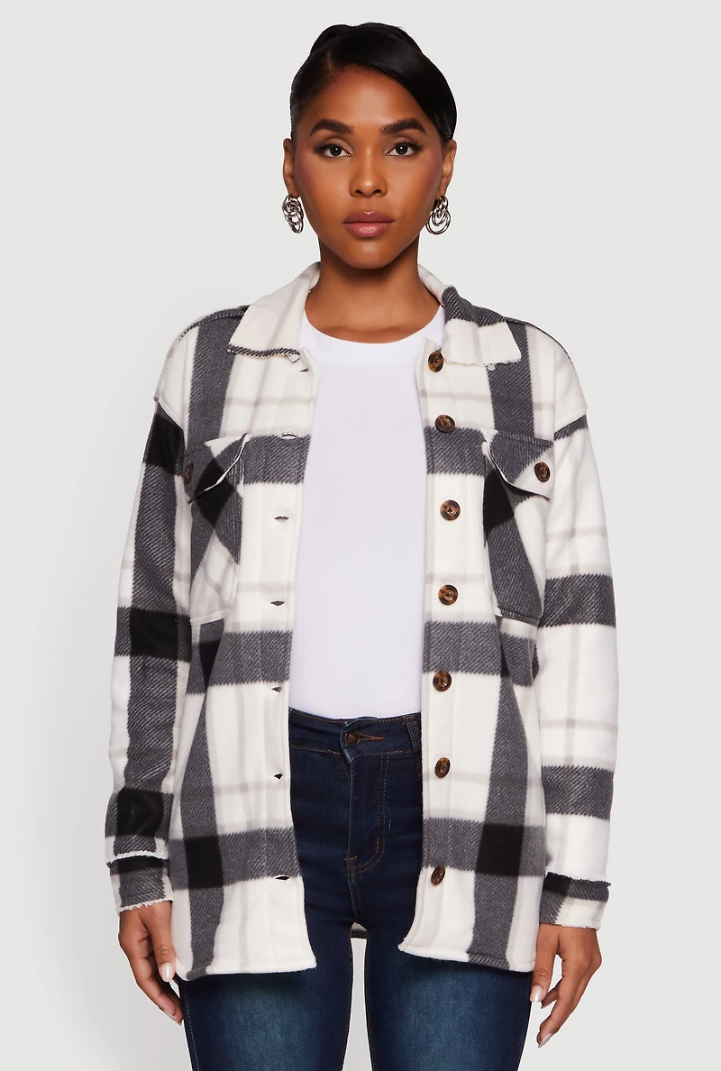 Womens Plaid Sherpa Lined Fleece Long Sleeve Button Front Jacket, Grey, Size S