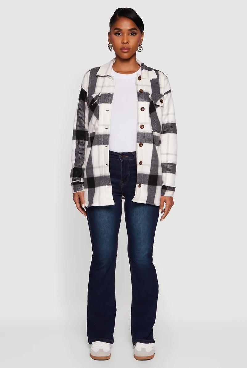 Womens Plaid Sherpa Lined Fleece Long Sleeve Button Front Jacket, Grey, Size S