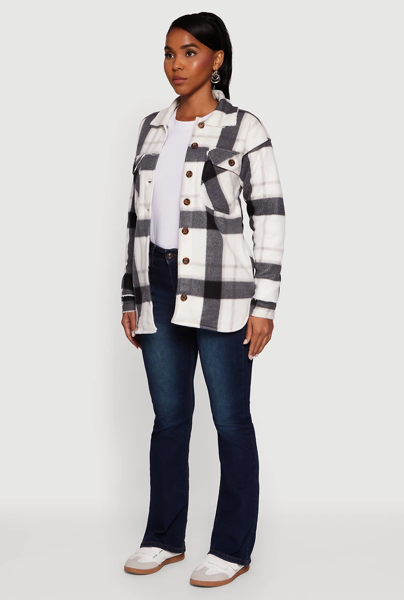 Womens Plaid Sherpa Lined Fleece Long Sleeve Button Front Jacket, Grey, Size S