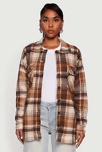Plaid Sherpa Lined Fleece Long Sleeve Button Front Jacket