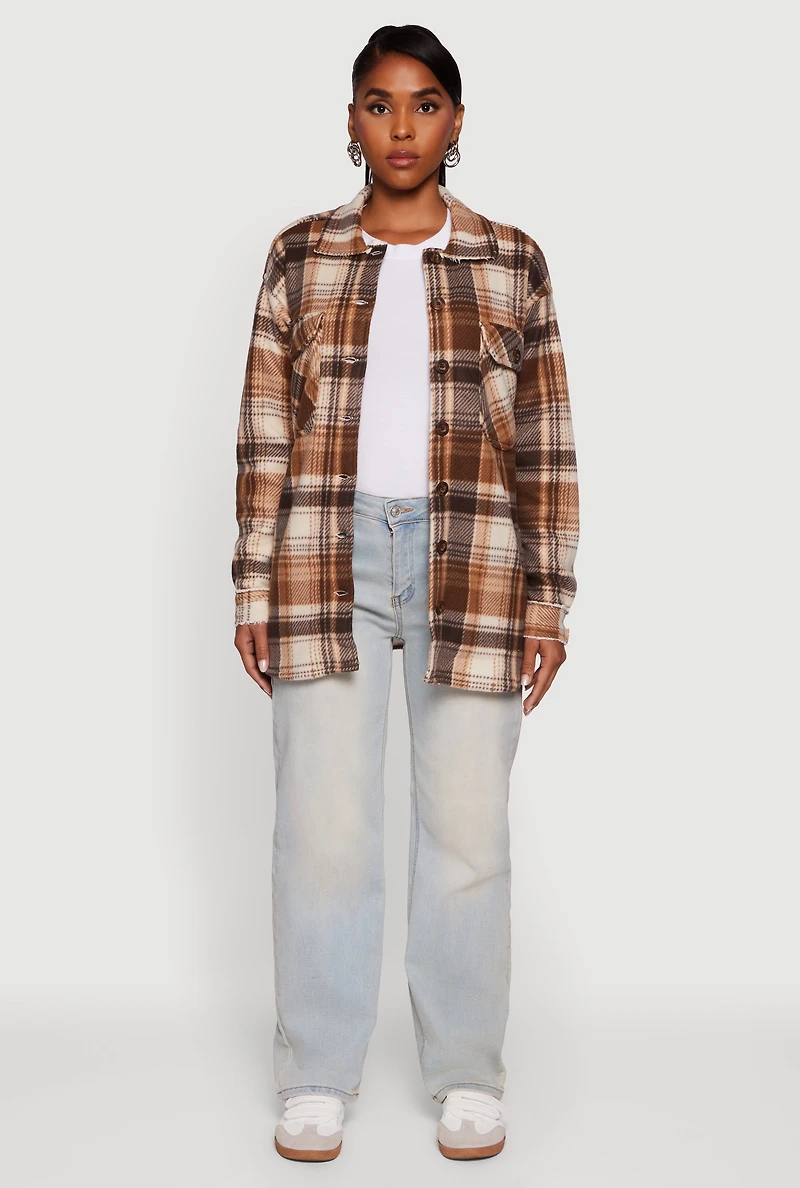 Plaid Sherpa Lined Fleece Long Sleeve Button Front Jacket