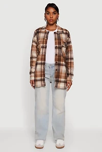 Plaid Sherpa Lined Fleece Long Sleeve Button Front Jacket