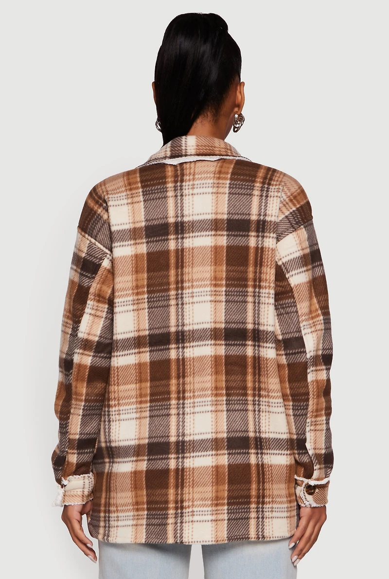 Plaid Sherpa Lined Fleece Long Sleeve Button Front Jacket