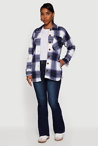 Womens Plaid Sherpa Lined Fleece Long Sleeve Button Front Jacket, Blue,