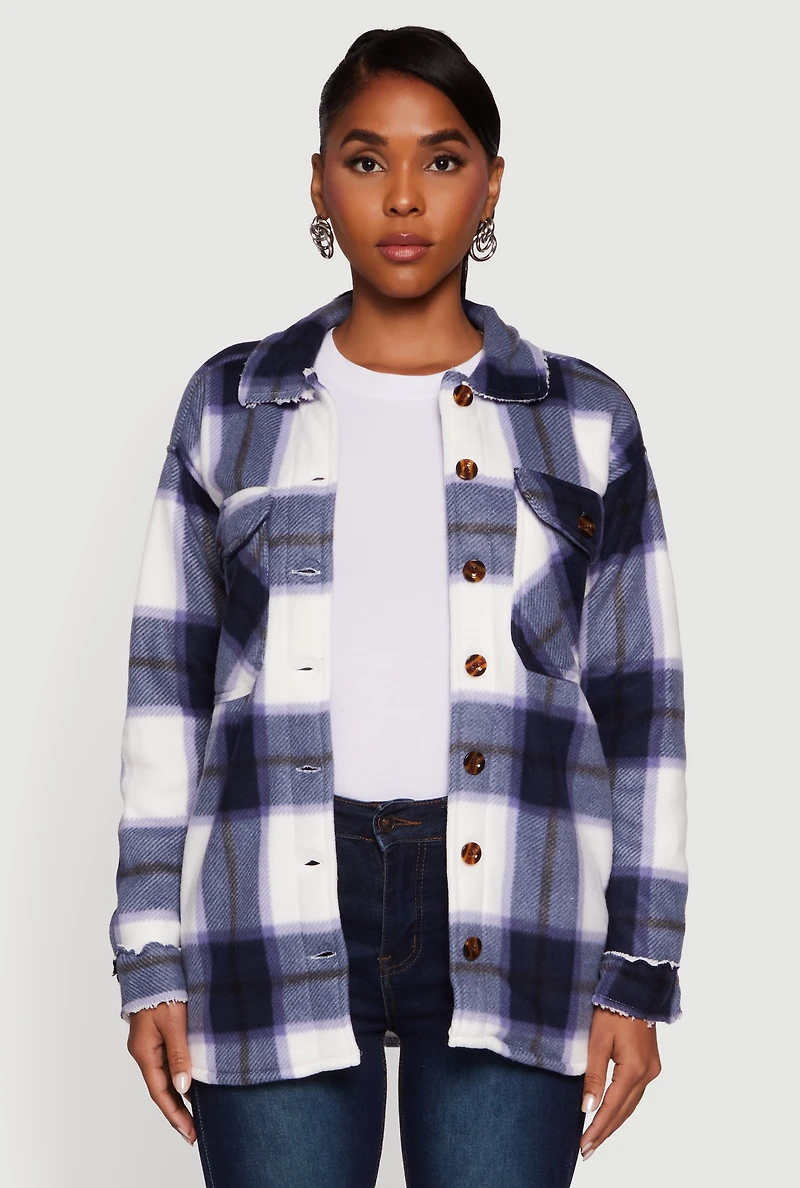 Womens Plaid Sherpa Lined Fleece Long Sleeve Button Front Jacket, Blue,
