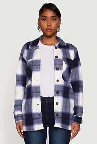 Womens Plaid Sherpa Lined Fleece Long Sleeve Button Front Jacket, XL