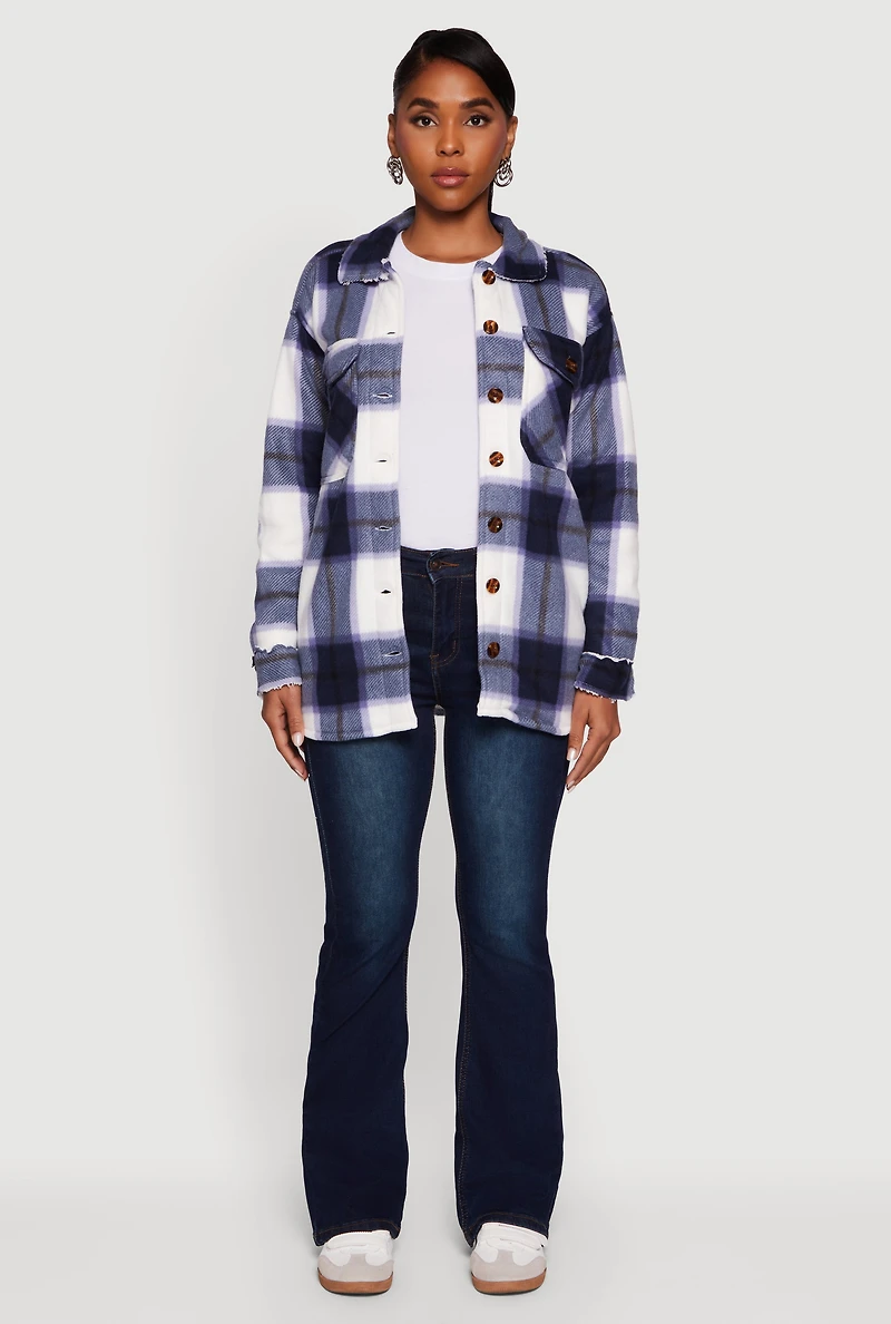 Womens Plaid Sherpa Lined Fleece Long Sleeve Button Front Jacket, Blue,