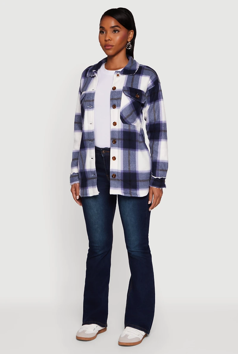 Womens Plaid Sherpa Lined Fleece Long Sleeve Button Front Jacket, XL