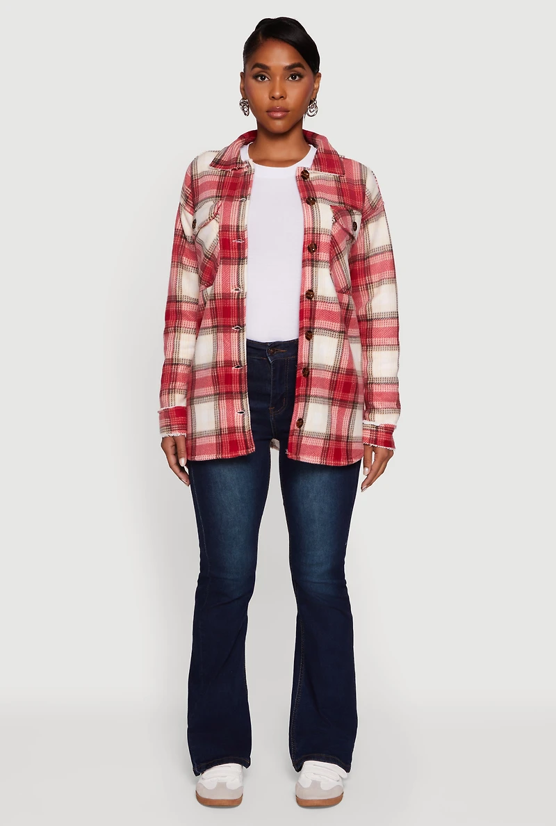 Plaid Sherpa Lined Fleece Long Sleeve Button Front Jacket