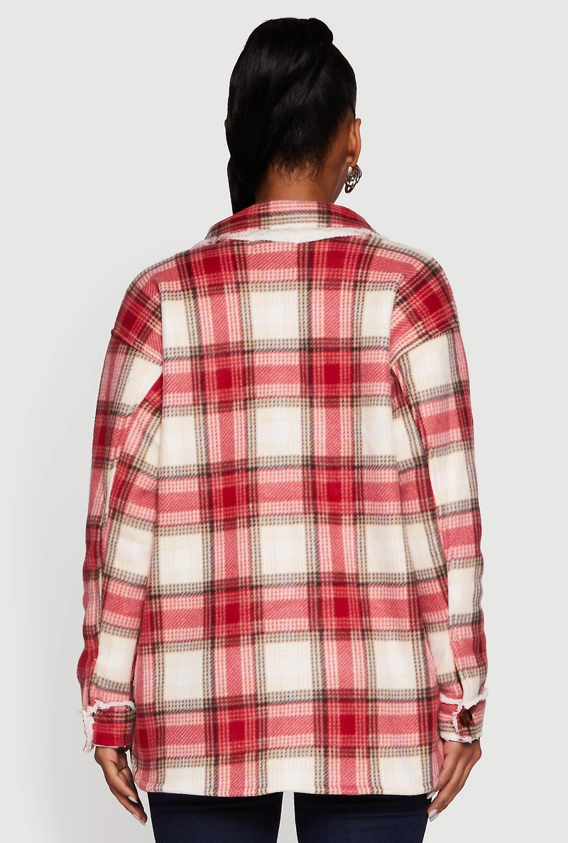 Plaid Sherpa Lined Fleece Long Sleeve Button Front Jacket