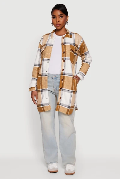 Womens Plaid Sherpa Lined Fleece Button Front Long Shacket,