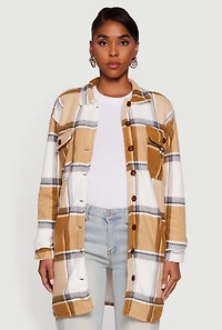 Womens Plaid Sherpa Lined Fleece Button Front Long Shacket, Brown, Size M