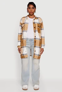 Womens Plaid Sherpa Lined Fleece Button Front Long Shacket, Brown, Size M