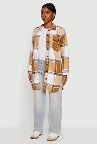 Womens Plaid Sherpa Lined Fleece Button Front Long Shacket, Brown, Size M