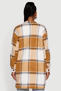 Womens Plaid Sherpa Lined Fleece Button Front Long Shacket, Brown, Size M