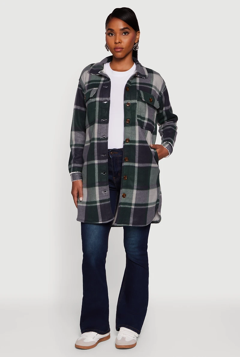 Womens Plaid Sherpa Lined Fleece Button Front Long Shacket, Green, Size XL
