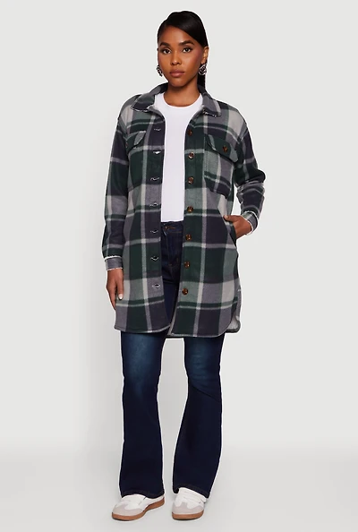 Womens Plaid Sherpa Lined Fleece Button Front Long Shacket, Green,
