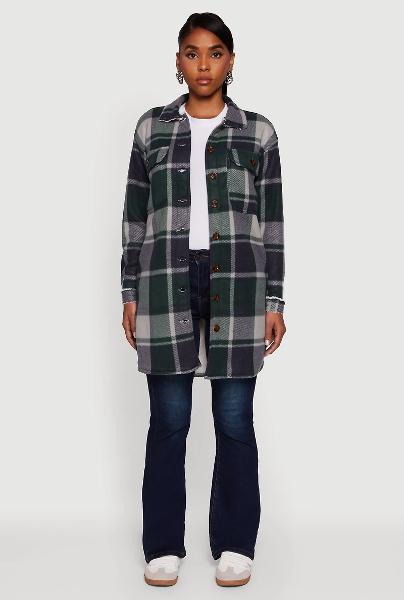 Womens Plaid Sherpa Lined Fleece Button Front Long Shacket, Green, Size XL