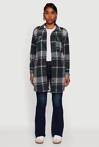 Womens Plaid Sherpa Lined Fleece Button Front Long Shacket, Green, Size XL