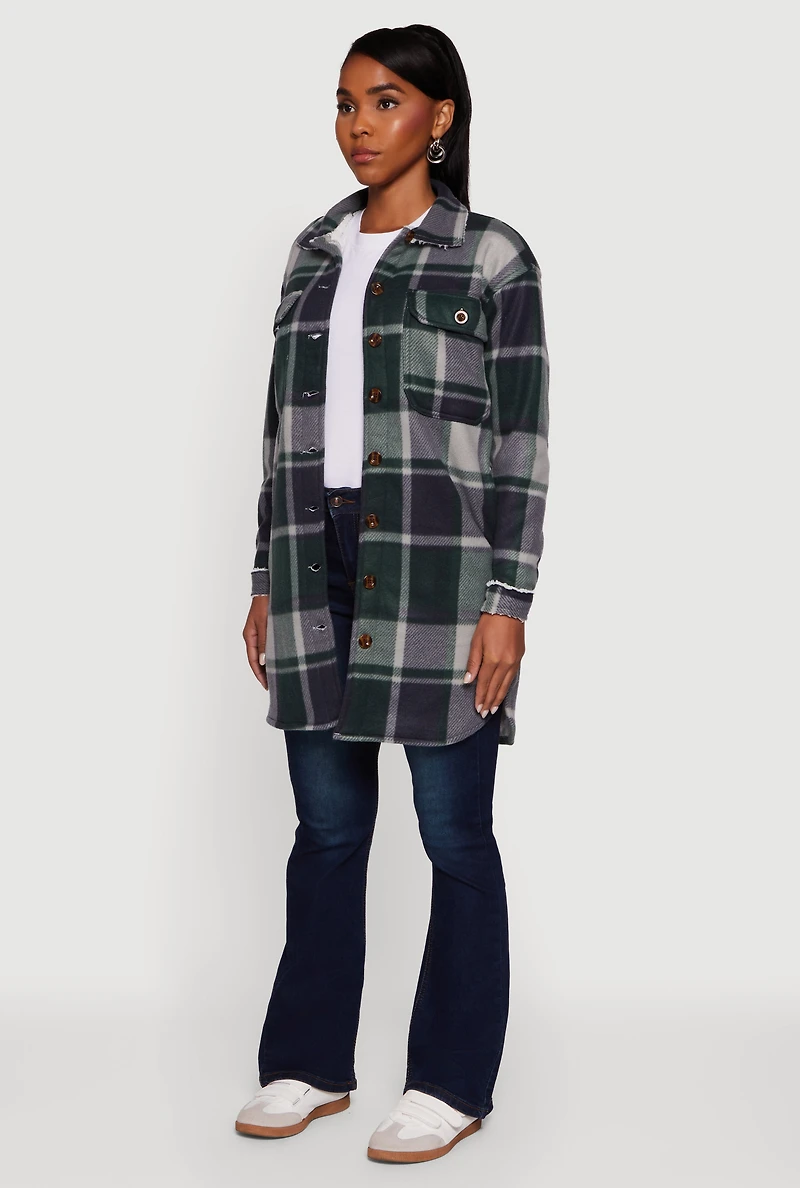 Womens Plaid Sherpa Lined Fleece Button Front Long Shacket, Green,