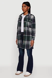Womens Plaid Sherpa Lined Fleece Button Front Long Shacket, Green,