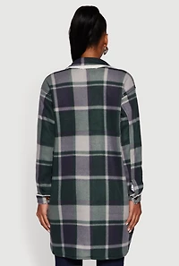 Womens Plaid Sherpa Lined Fleece Button Front Long Shacket, Green, Size XL