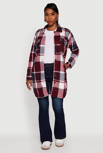 Womens Plaid Sherpa Lined Fleece Button Front Long Shacket,