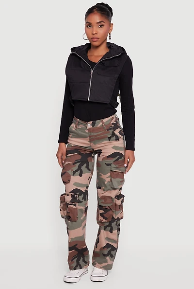 Side Buckle Hooded Zip Front Quilted Vest