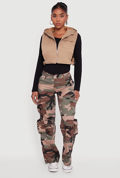 Womens Side Buckle Hooded Zip Front Quilted Vest, Beige, Size S