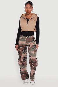 Womens Side Buckle Hooded Zip Front Quilted Vest, Beige, Size S