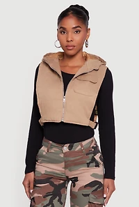 Womens Side Buckle Hooded Zip Front Quilted Vest, ,