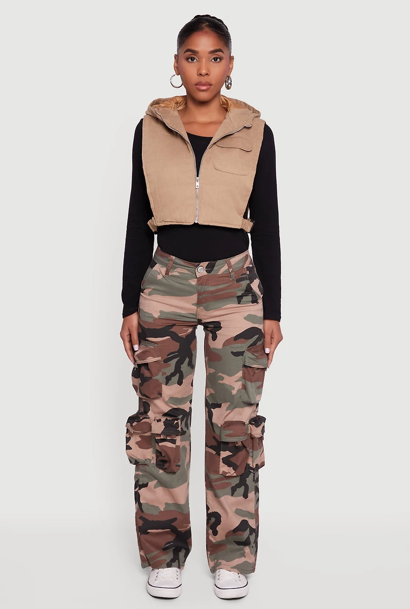 Womens Side Buckle Hooded Zip Front Quilted Vest,