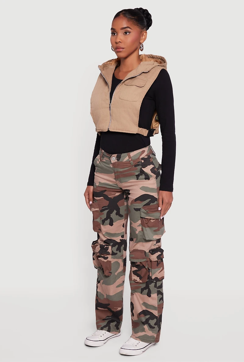 Womens Side Buckle Hooded Zip Front Quilted Vest,