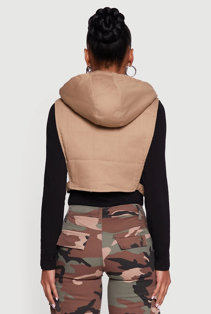 Womens Side Buckle Hooded Zip Front Quilted Vest, ,