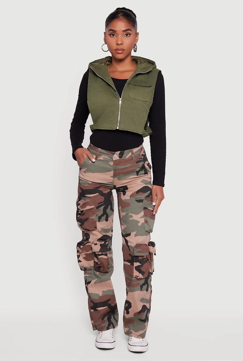 Womens Side Buckle Hooded Zip Front Quilted Vest, ,