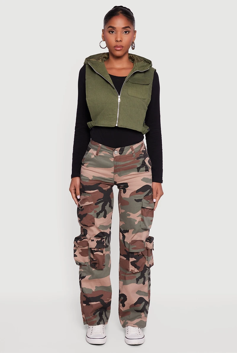 Womens Side Buckle Hooded Zip Front Quilted Vest, ,